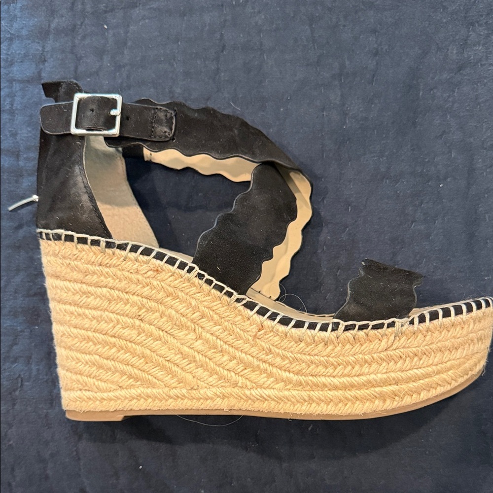 Black Scalloped Espadrille Wedge Sandals